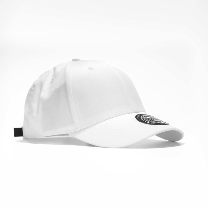 A white cap with a curved brim and a logo on the front.