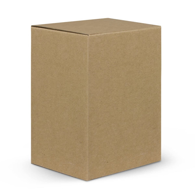 A plain brown cardboard box, standing upright with a flap top, showcasing a simple and unadorned design.
