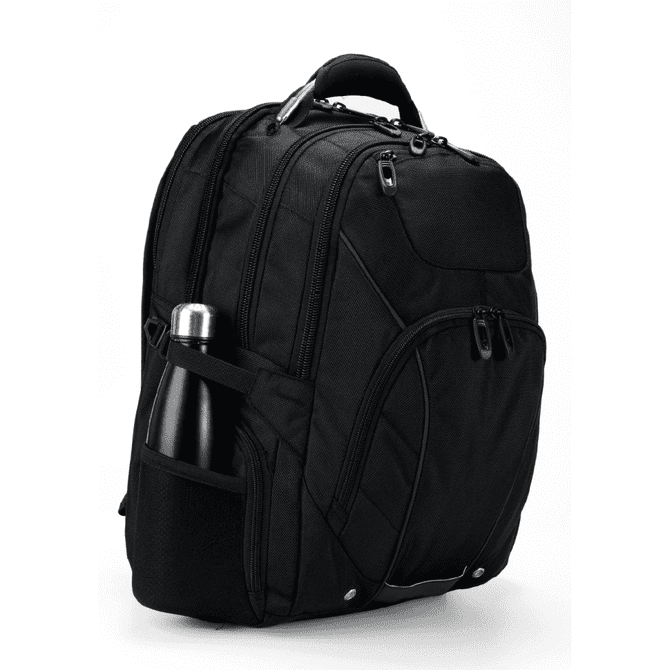 A black Eiger backpack with multiple compartments and a side pocket holding a drink bottle. Features a subtle logo.