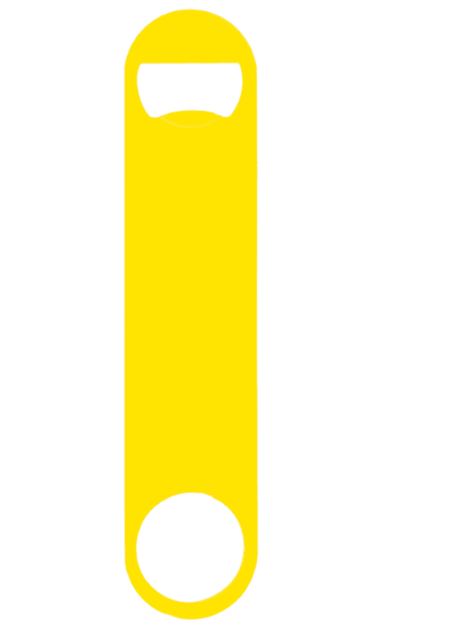 A drink bottle opener in bright yellow, featuring a sleek, paddle style design and a logo.