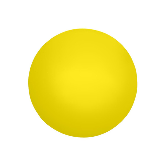 A round yellow stress ball with a smooth surface, featuring a simple logo.