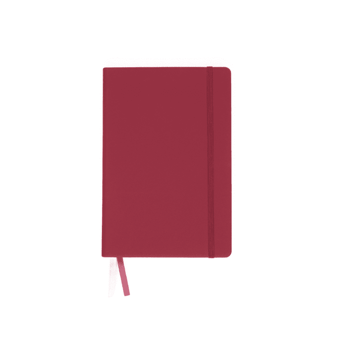 A maroon A5 notebook with a ribbon bookmark and an elastic band closure. It features a logo on the front.