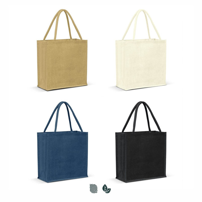 A jute tote bag featuring four colour options: natural, cream, navy, and black, with sturdy handles.