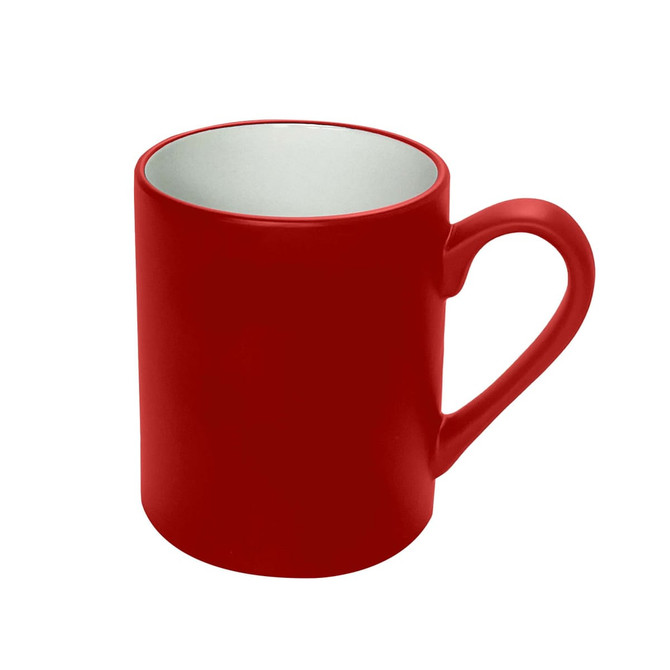 A red coffee mug with a smooth finish and a handle, featuring a contrasting interior colour.