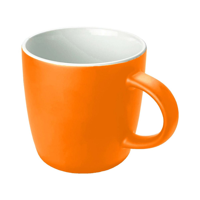 An orange coffee mug with a smooth finish and a contrasting white interior. It features a comfortable handle and has a logo.