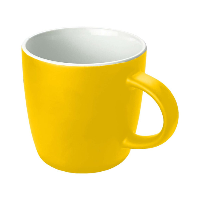 A yellow coffee mug with a smooth finish and a sturdy handle, featuring a white interior.