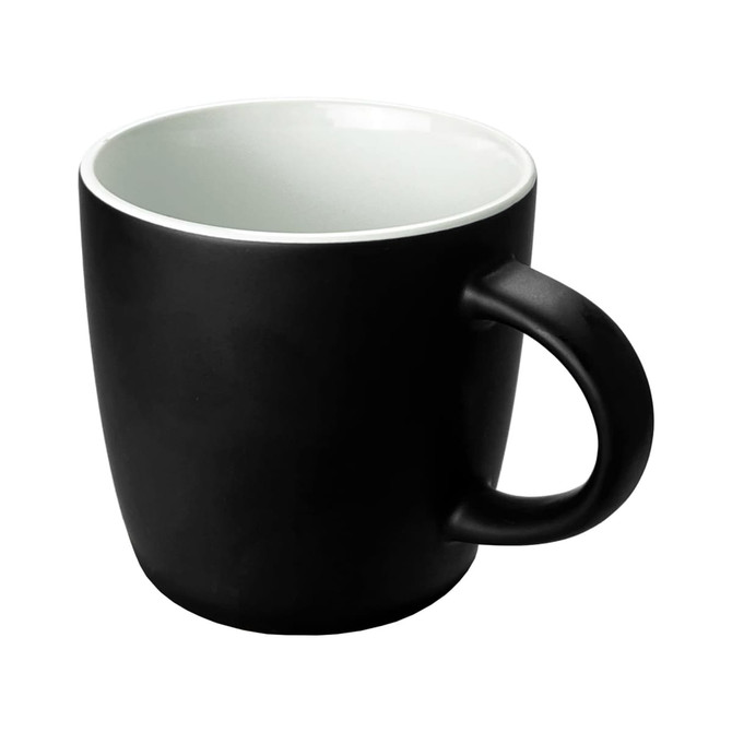 A coffee mug in matte black with a white interior and a comfortable handle, featuring a logo.
