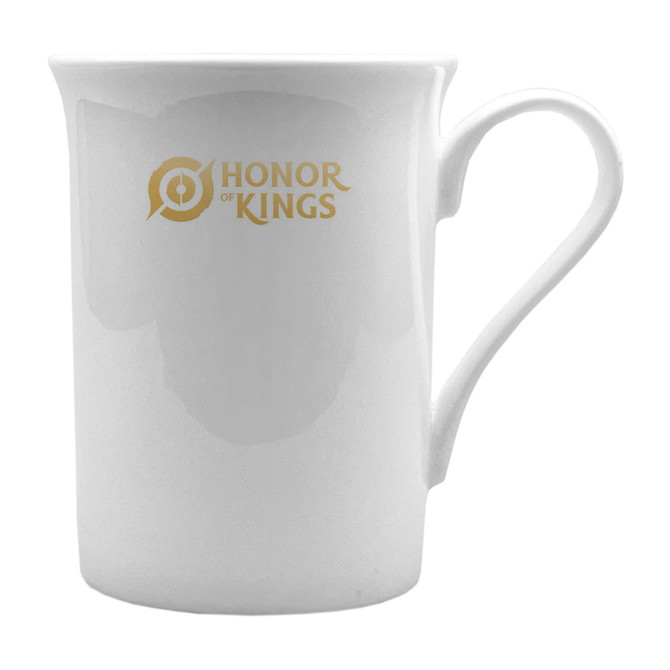 A white coffee mug with a simple design and a logo on the side.