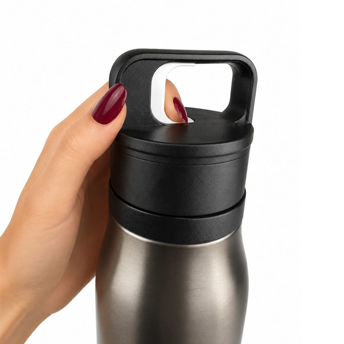 A drink bottle with a sleek, silver body and black cap, being held by a hand. It features a logo.