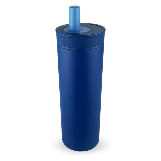 A drink bottle in a deep blue finish with a straw and a textured lid, featuring a logo. Suitable for hot and cold beverages.