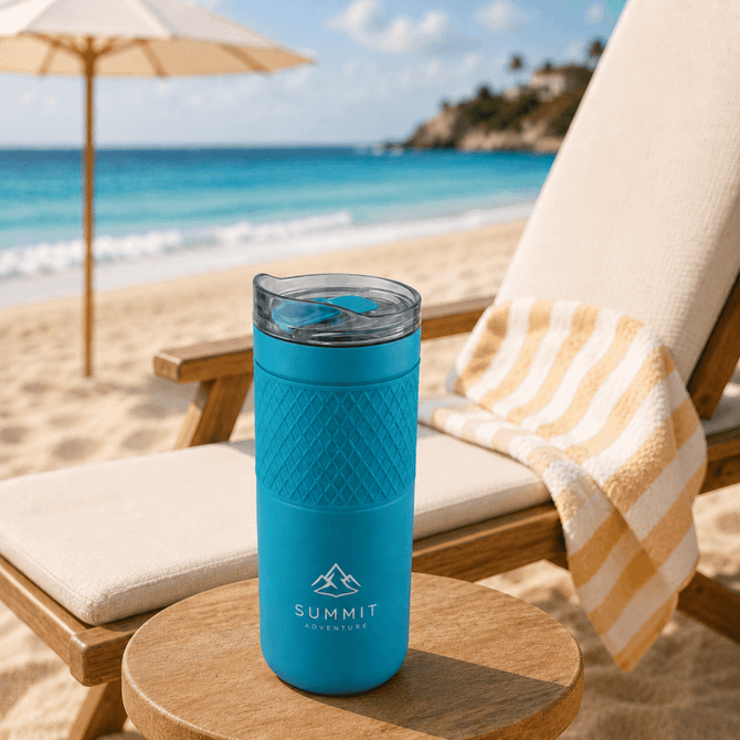 A drink bottle in vibrant blue, featuring a textured grip and a clear lid, set on a beachside chair.