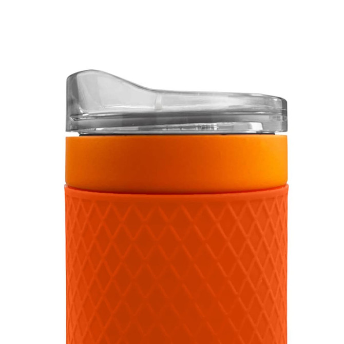 A drink bottle with an orange silicone sleeve and a clear lid. It features a textured design and has a logo.