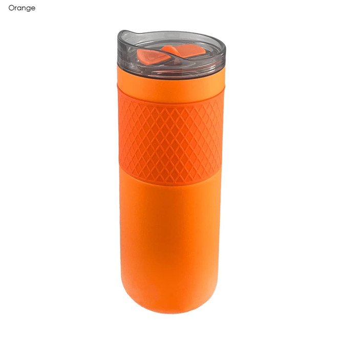 A drink bottle in vibrant orange features a textured grip and a clear lid with a sliding opening. It has a logo.