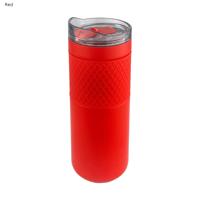 A red vacuum tumbler with a textured grip and a clear lid, featuring a logo on the side.