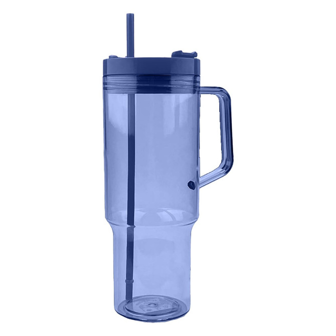 A drink bottle in a translucent blue colour with a straw and a handle, featuring a lid.