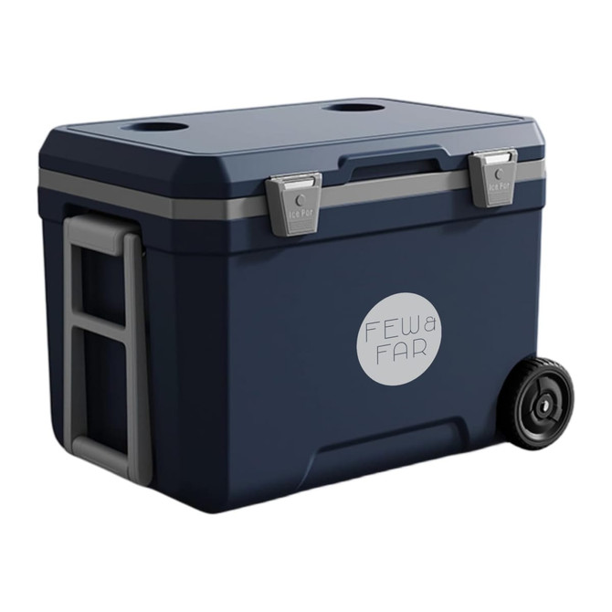 A navy blue rolling cooler box with a handle and wheels, featuring a logo and two cup holders on the lid.