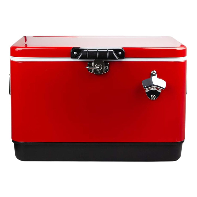 A red metal ice cooler box with a black base and silver latch, designed for outdoor use.