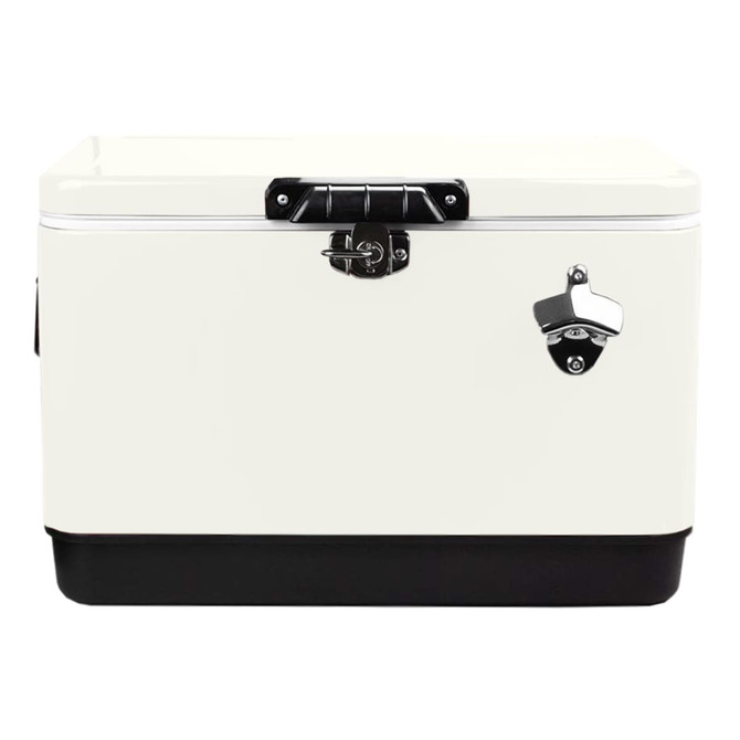 A white and black metal ice cooler box with a secure lid and a bottle opener attachment.