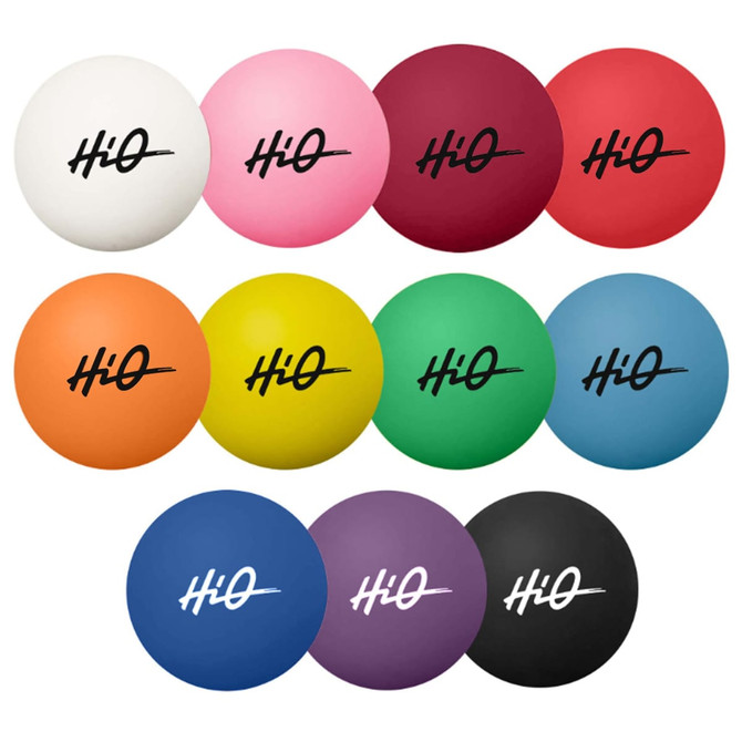 A collection of high bounce balls in white, pink, red, orange, yellow, green, blue, purple, and black, featuring a logo.