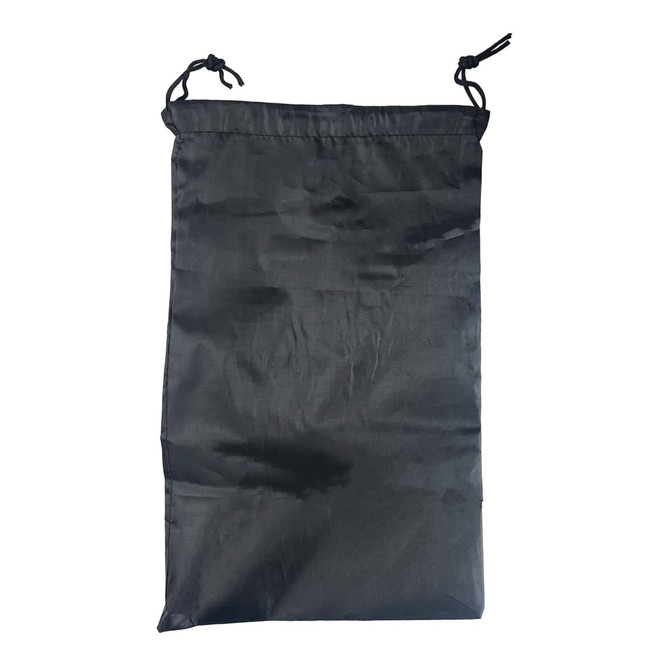 A black drawstring bag with a smooth surface and a cinched opening at the top.