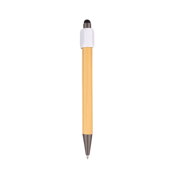 A bamboo stylus pen with a white top and silver tip, designed for writing. It features a logo on the body.