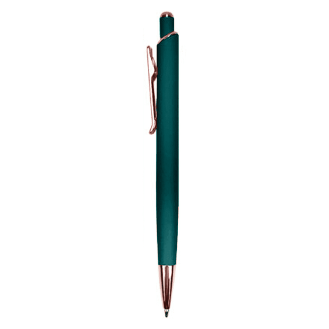 A teal metal pen with a rose gold clip and tip, featuring a logo on the body.