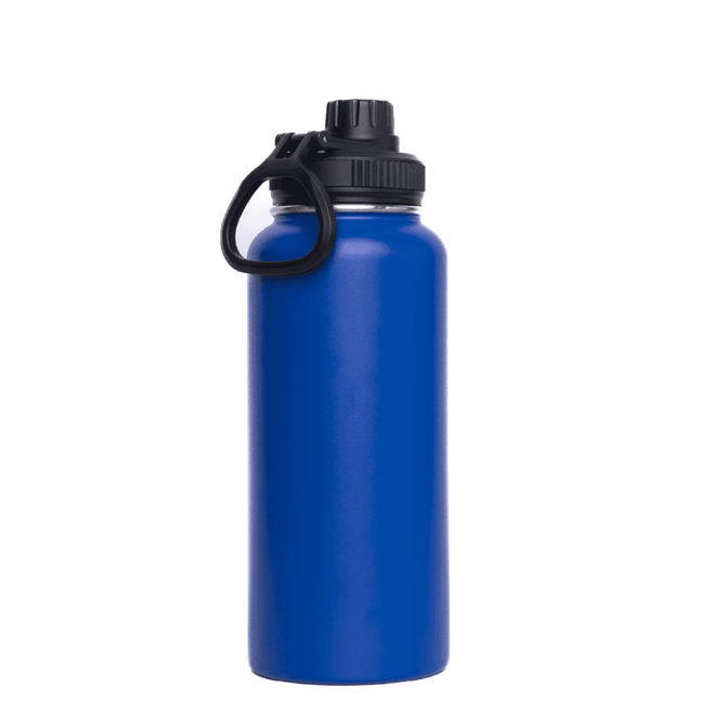 A drink bottle in a vibrant blue colour with a screw cap lid and a black handle. It features a logo on the body.