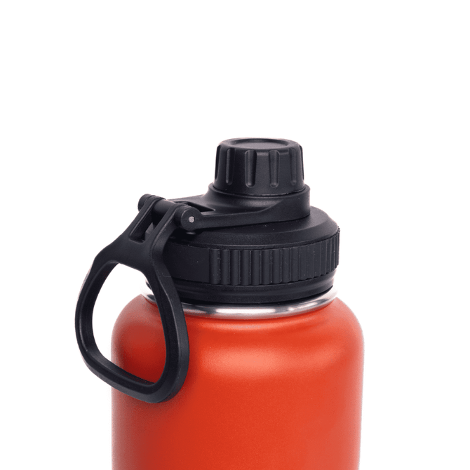 A drink bottle featuring a bright orange body and a black screw cap lid, complete with a sturdy handle.