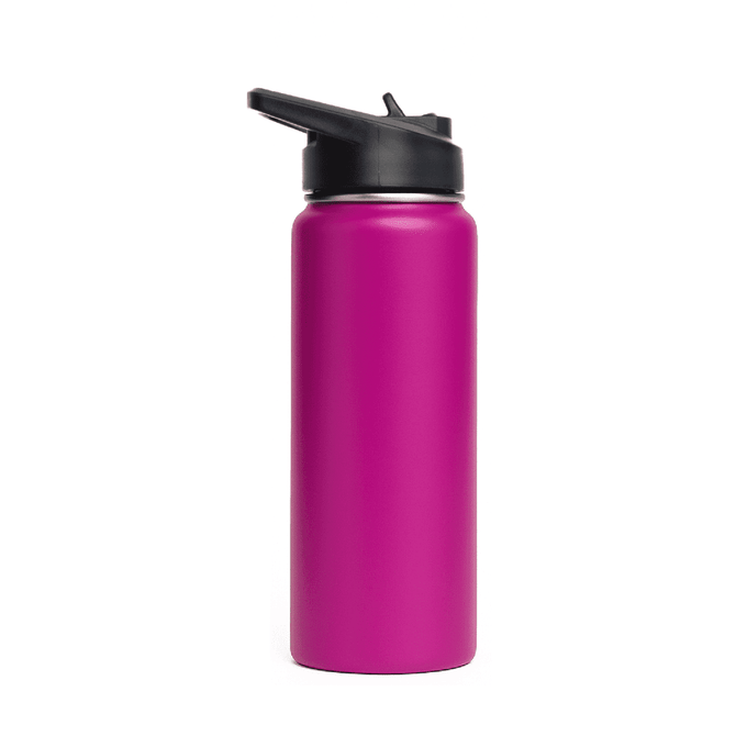 A drink bottle in vibrant pink with a black flip top lid, featuring a logo on the side.
