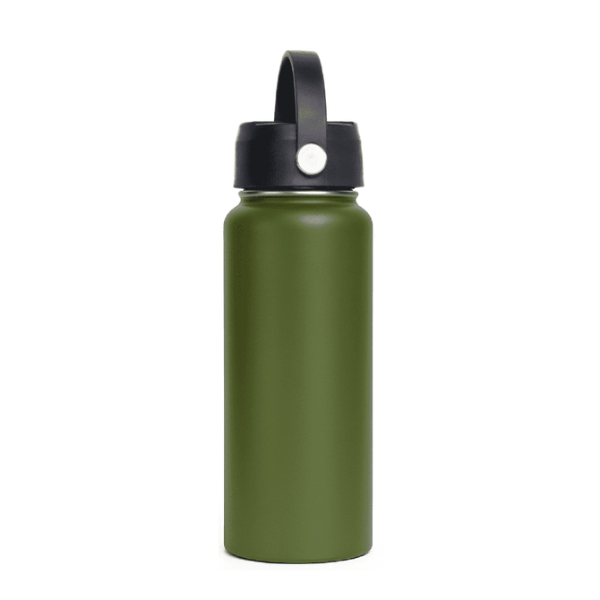 A drink bottle in olive green with a black rotating carry handle lid and a logo near the top.