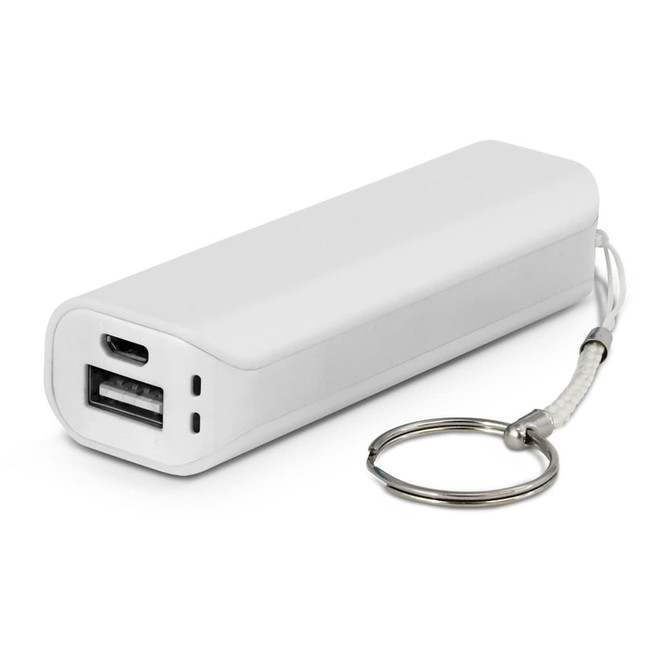 A white power bank with a USB port and keychain attachment.
