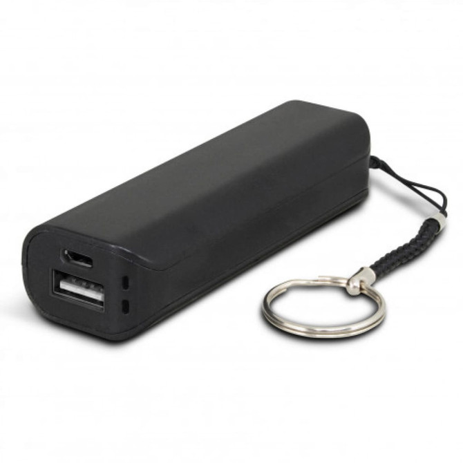 A black power bank featuring USB and USB-C ports, with a keyring attachment for easy portability.