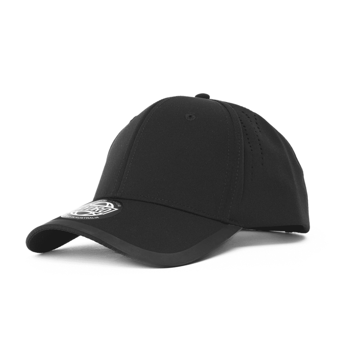 A black cap featuring a logo on the front and ventilation holes on the side.