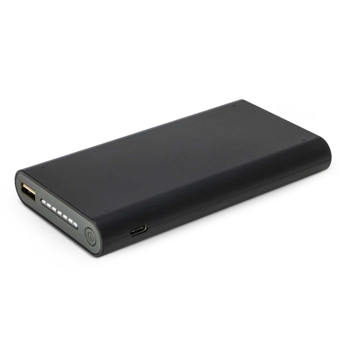 A black wireless power bank featuring USB and USB-C ports, with indicator lights on one side.