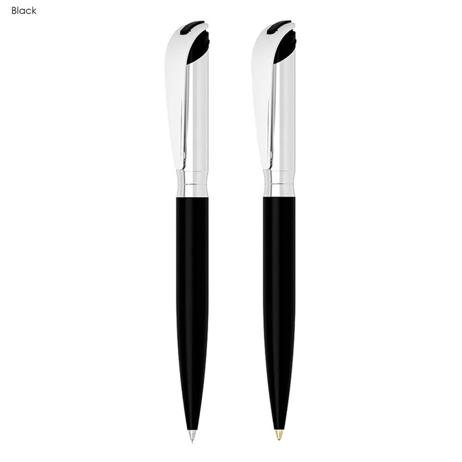 A black pen and pencil set with silver accents, featuring a sleek design and a branded logo.