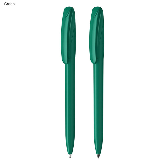 A set of two green plastic pens with a sleek design and clips, featuring a logo on the barrel.
