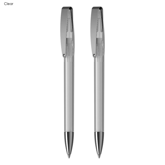 A set of two clear pens with silver accents and clips, presented in a sleek design.