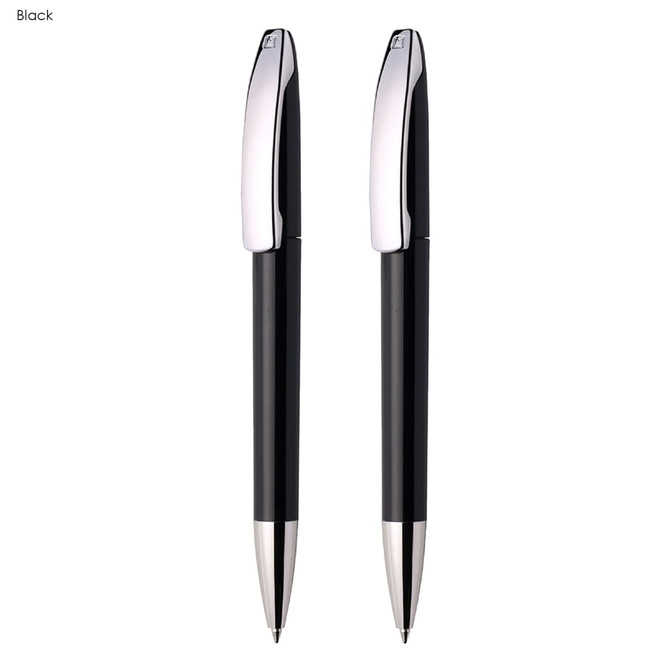 A set of two black plastic pens with chrome accents and a sleek design, featuring a logo on each pen.