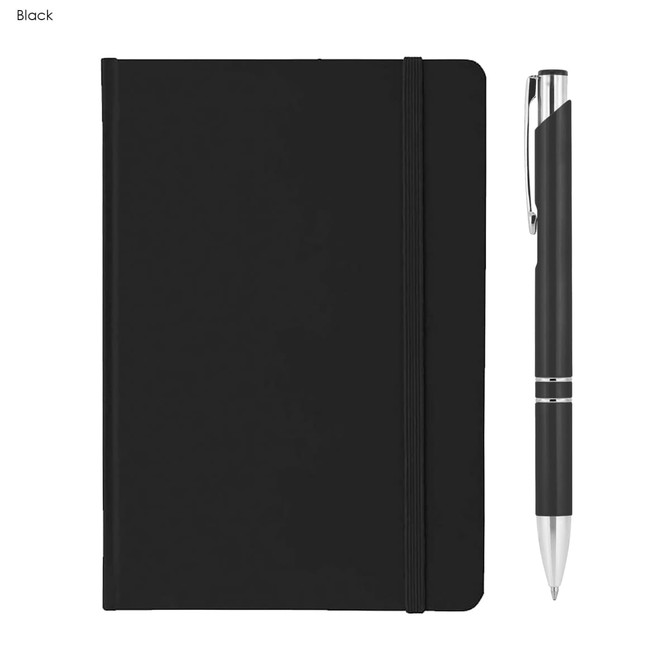 A black A5 notebook with a pen beside it, featuring a sleek design and an elastic closure band.