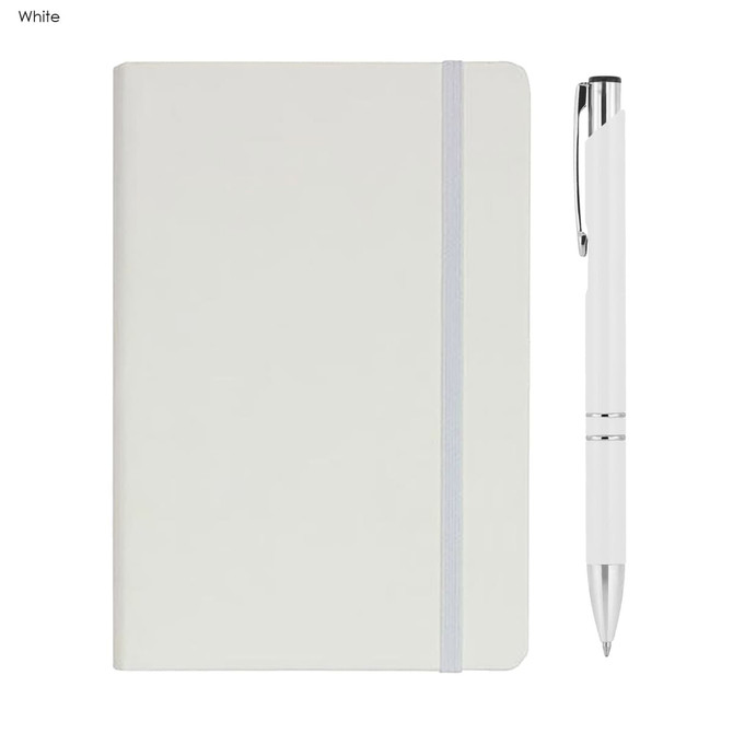 A white A5 notebook with a grey elastic band and a matching white pen. The notebook has a logo on the cover.