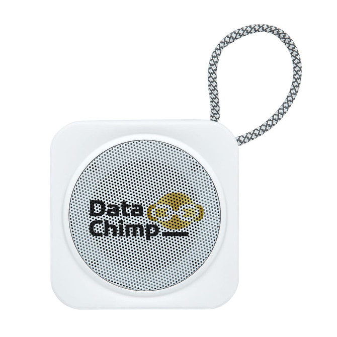 A compact white Bluetooth speaker with a textured strap and a branding logo on the front.