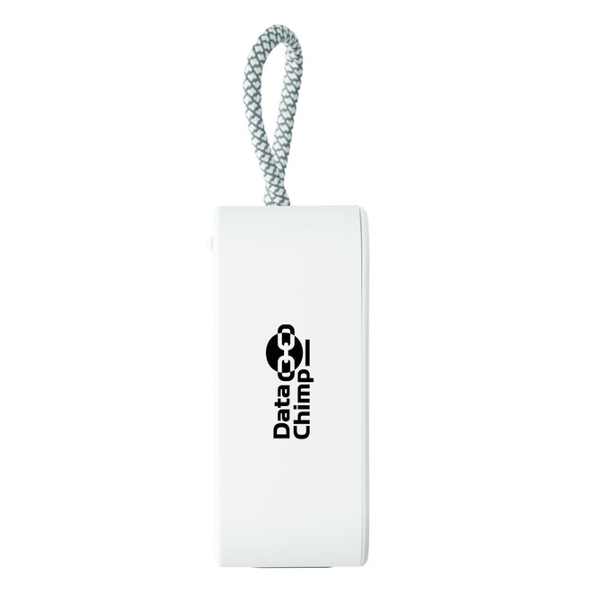 A compact white mini speaker with a grey strap and a logo on the side.