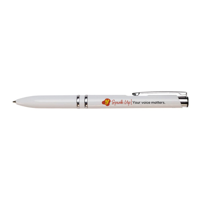 A white pen with silver accents and a logo, featuring a smooth design for easy handling.