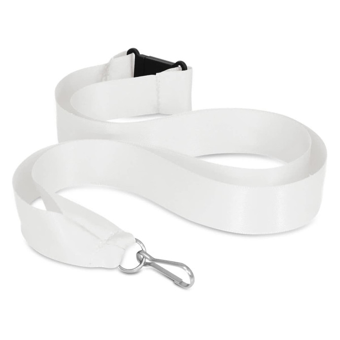 A white ribbon lanyard with a plastic clip and a hook for attachment.