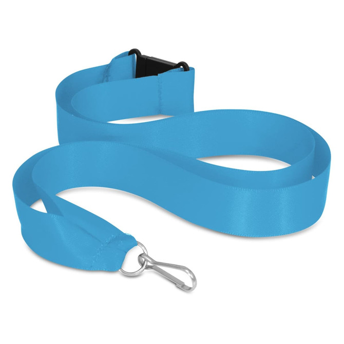 A blue ribbon lanyard with a clip attachment. The lanyard is smooth and flat, coiling in a looping shape.
