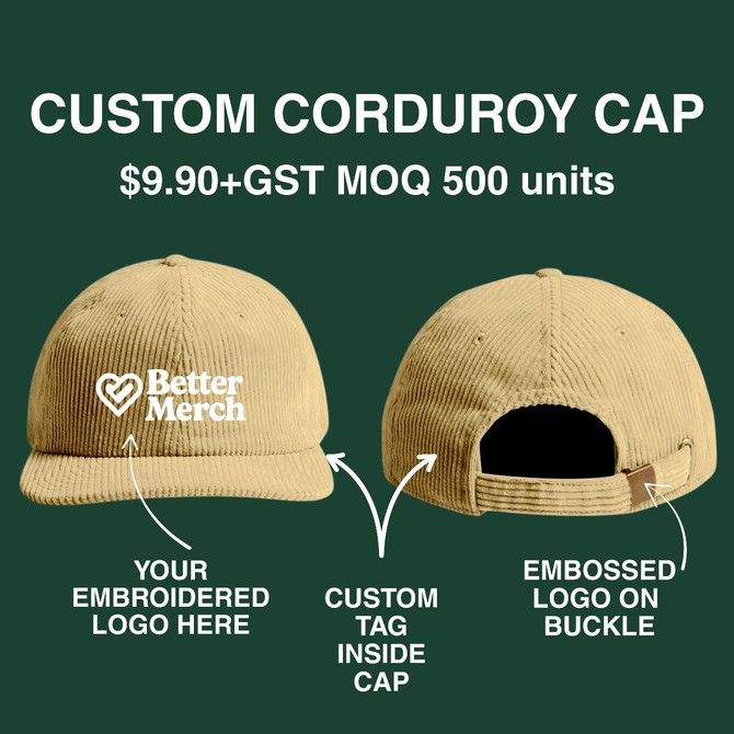 The front and back of a tan cap with an arrow pointing at a "Better Merch" logo embroidered on the front labelled "Your logo embroidered here". The back has an arrow pointing at the adjustable metal buckle labelled "Embossed logo on buckle".
