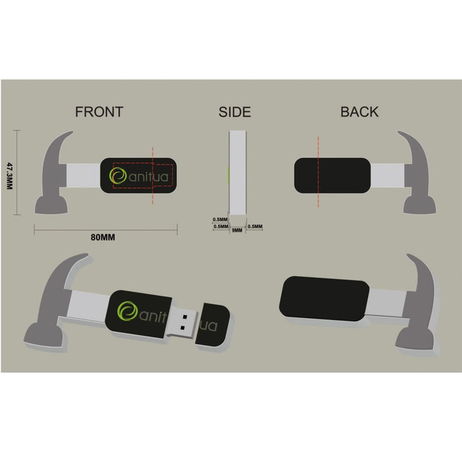 A 2D custom USB flash drive in black with logo, shown from front, side, and back views, measuring 80mm.
