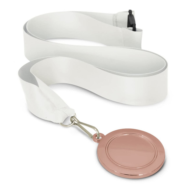 A podium medal with a 50mm round medal attached to a white ribbon. The medal features a smooth, shiny surface.