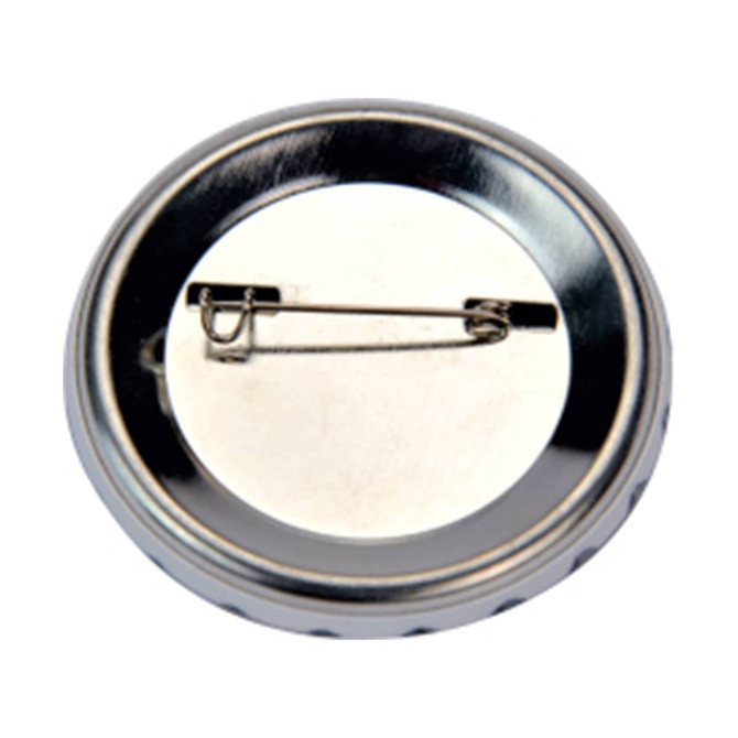 A round silver button badge, 44mm in diameter, featuring a safety pin on the back for fastening.