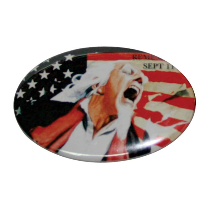 An oval button badge featuring an illustration with an American flag background. Predominantly red, white, and blue.